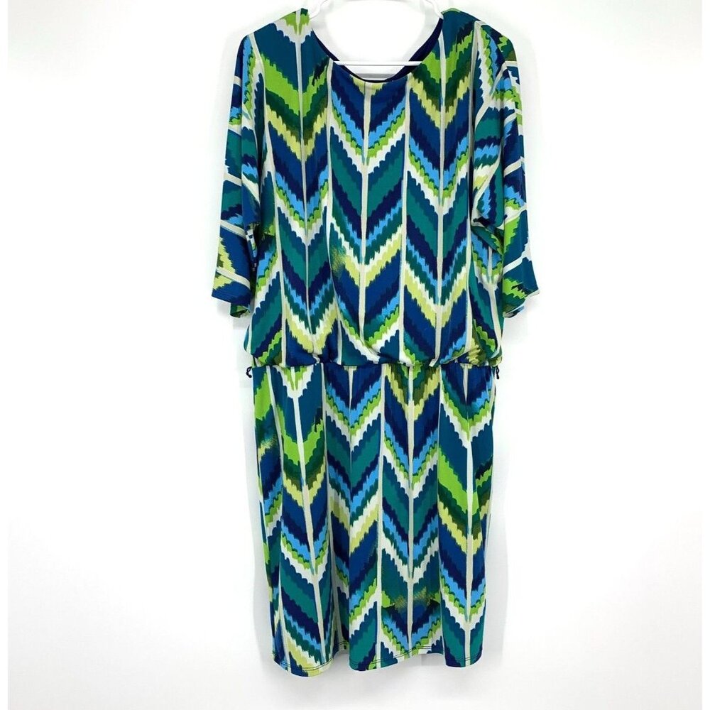 Roz & Ali Dress Blue Chevron Print 3/4 Sleeve Jersey Knit Blouson